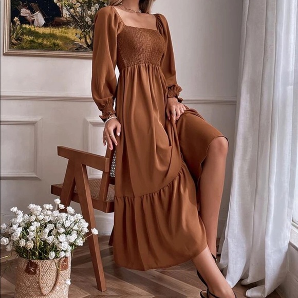Boho brown shirted ruffle hem flounce sleeve maxi dress - Picture 5 of 14